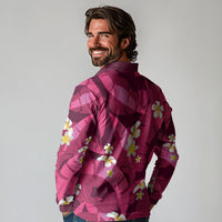 Pink Banana Leaf Hawaii Long Sleeve Polo Shirt Lau Maia Plumeria Tropical Summer Vibes