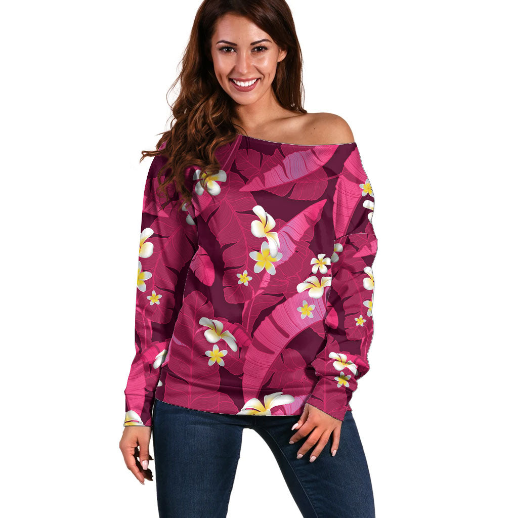 Pink Banana Leaf Hawaii Off Shoulder Sweater Lau Maia Plumeria Tropical Summer Vibes