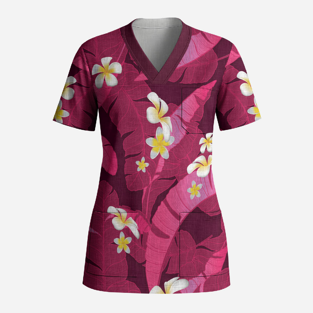 Pink Banana Leaf Hawaii Scrub Top Lau Maia Plumeria Tropical Summer Vibes