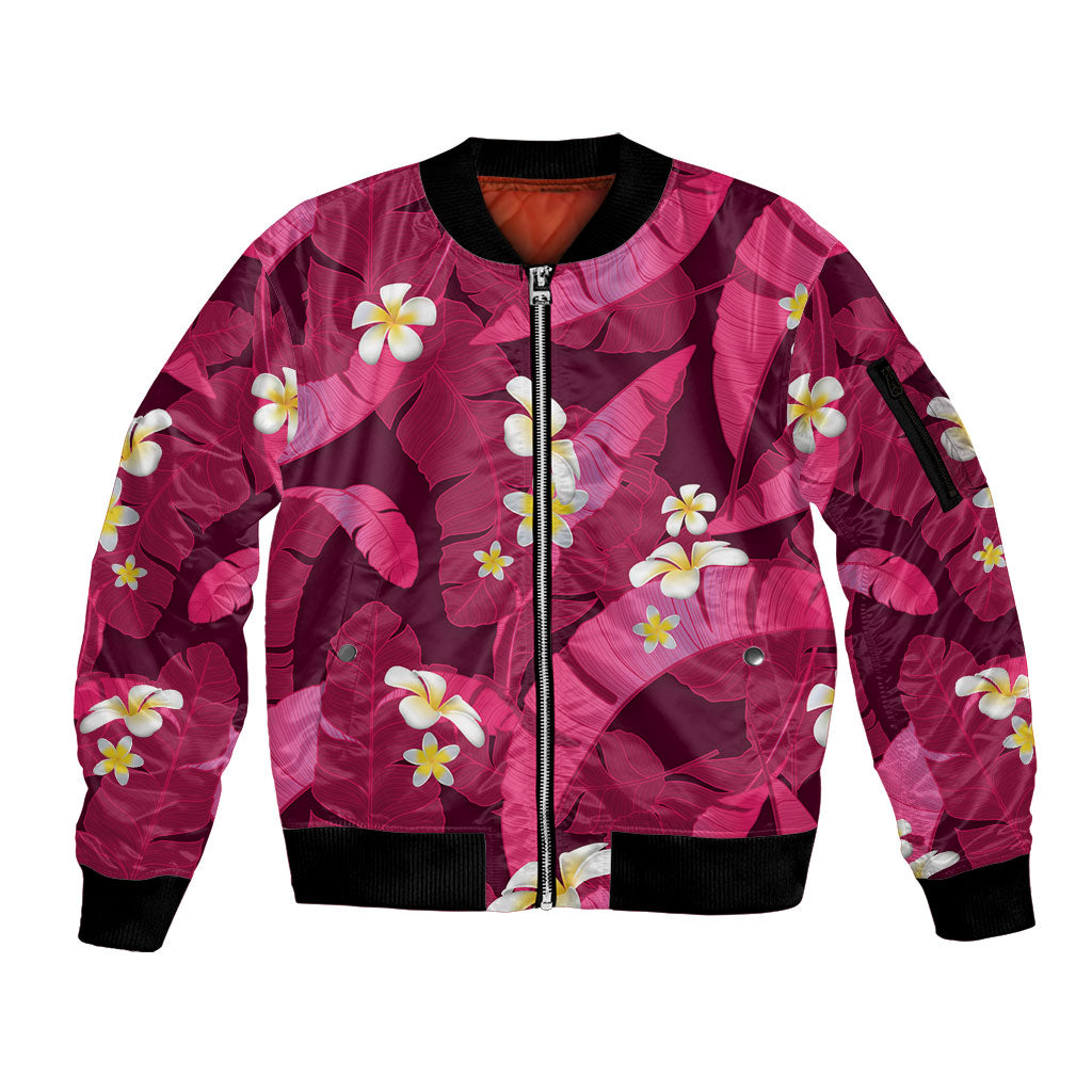 Pink Banana Leaf Hawaii Sleeve Zip Bomber Jacket Lau Maia Plumeria Tropical Summer Vibes LT14 Unisex Pink - Polynesian Pride