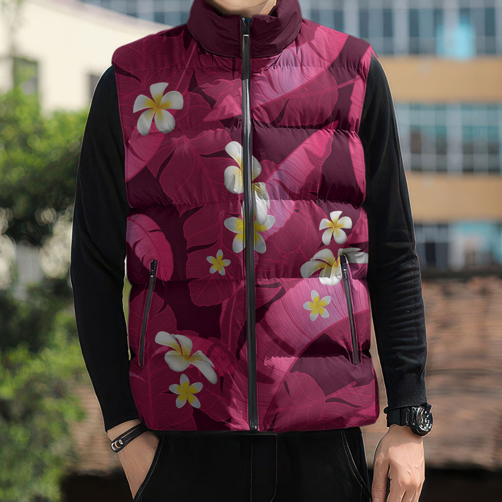 Pink Banana Leaf Hawaii Sleeveless Puffer Jacket Lau Maia Plumeria Tropical Summer Vibes