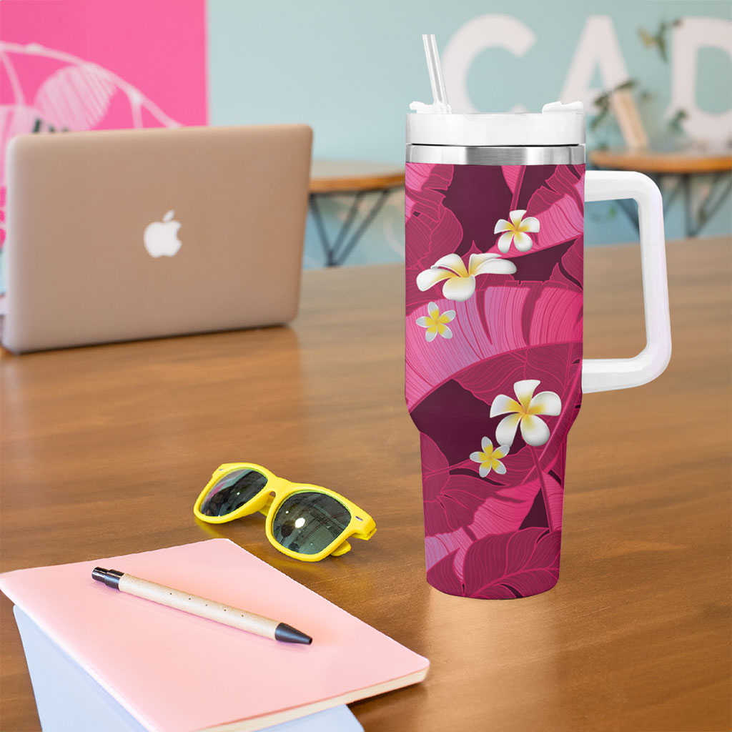 Pink Banana Leaf Hawaii Tumbler With Handle Lau Maia Plumeria Tropical Summer Vibes