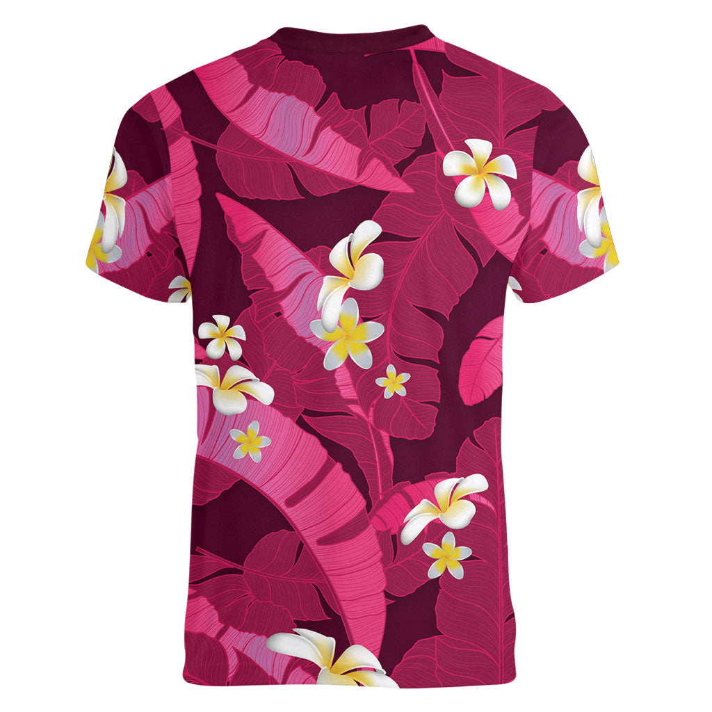 Pink Banana Leaf Hawaii Women V-Neck T-Shirt Lau Maia Plumeria Tropical Summer Vibes