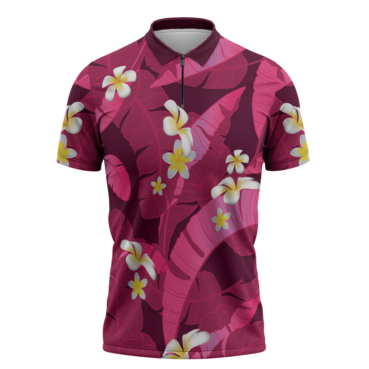 Pink Banana Leaf Hawaii Zipper Polo Shirt Lau Maia Plumeria Tropical Summer Vibes