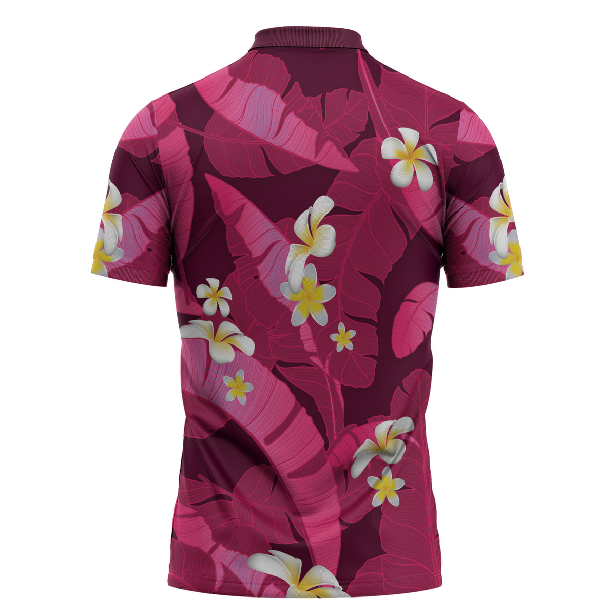 Pink Banana Leaf Hawaii Zipper Polo Shirt Lau Maia Plumeria Tropical Summer Vibes