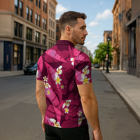 Pink Banana Leaf Hawaii Zipper Polo Shirt Lau Maia Plumeria Tropical Summer Vibes
