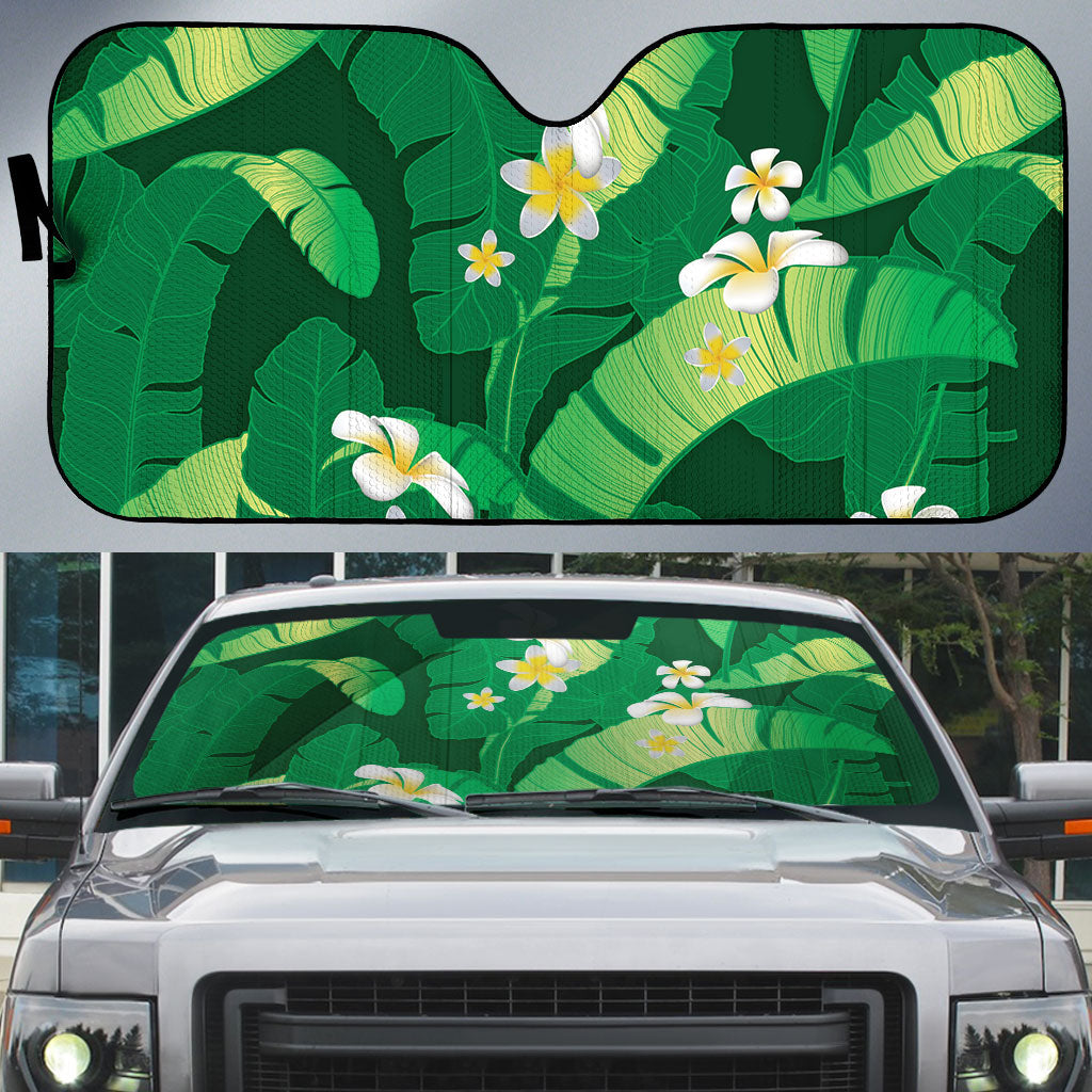 Green Banana Leaf Hawaii Auto Sun Shade Lau Maia Plumeria Tropical Summer Vibes LT14 Green - Polynesian Pride