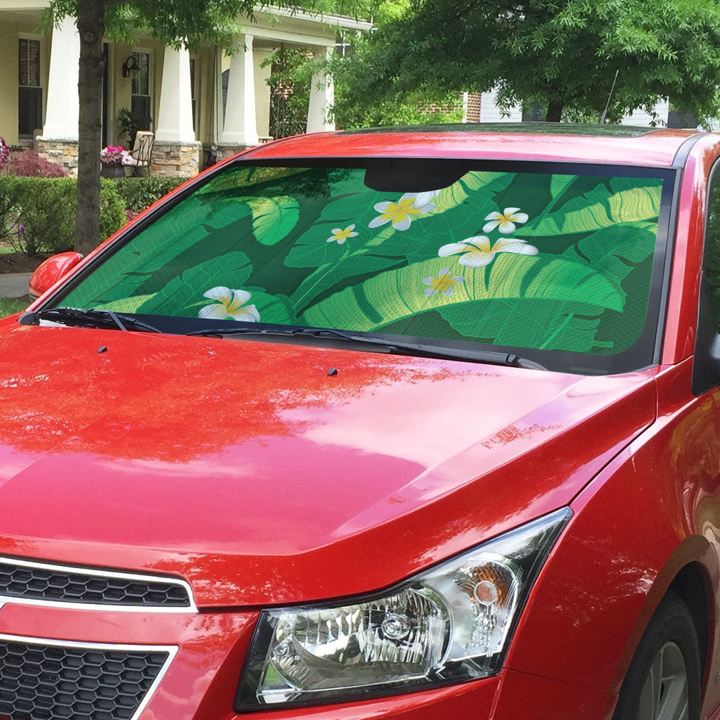 Green Banana Leaf Hawaii Auto Sun Shade Lau Maia Plumeria Tropical Summer Vibes LT14 - Polynesian Pride