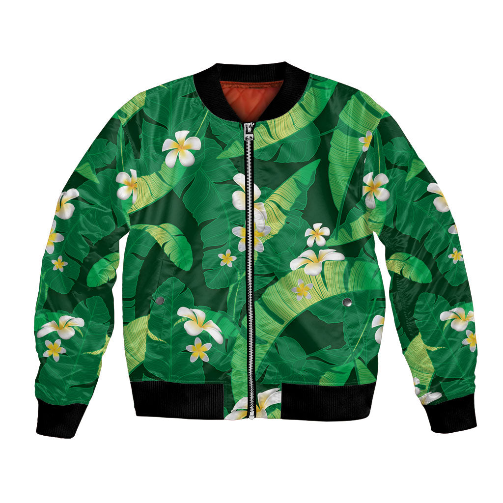 Green Banana Leaf Hawaii Bomber Jacket Lau Maia Plumeria Tropical Summer Vibes