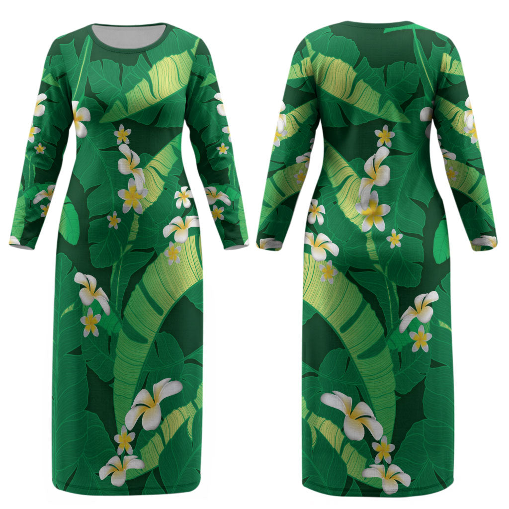 Green Banana Leaf Hawaii Couples Matching Long Sleeve Bodycon Dress and Hawaiian Shirt Lau Maia Plumeria Tropical Summer Vibes