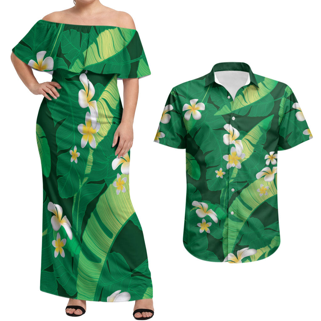 Green Banana Leaf Hawaii Couples Matching Off Shoulder Maxi Dress and Hawaiian Shirt Lau Maia Plumeria Tropical Summer Vibes
