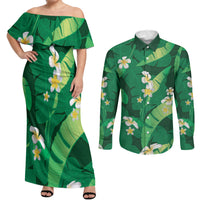 Green Banana Leaf Hawaii Couples Matching Off Shoulder Maxi Dress and Long Sleeve Button Shirt Lau Maia Plumeria Tropical Summer Vibes