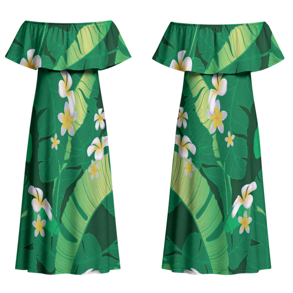 Green Banana Leaf Hawaii Couples Matching Off Shoulder Maxi Dress and Long Sleeve Button Shirt Lau Maia Plumeria Tropical Summer Vibes