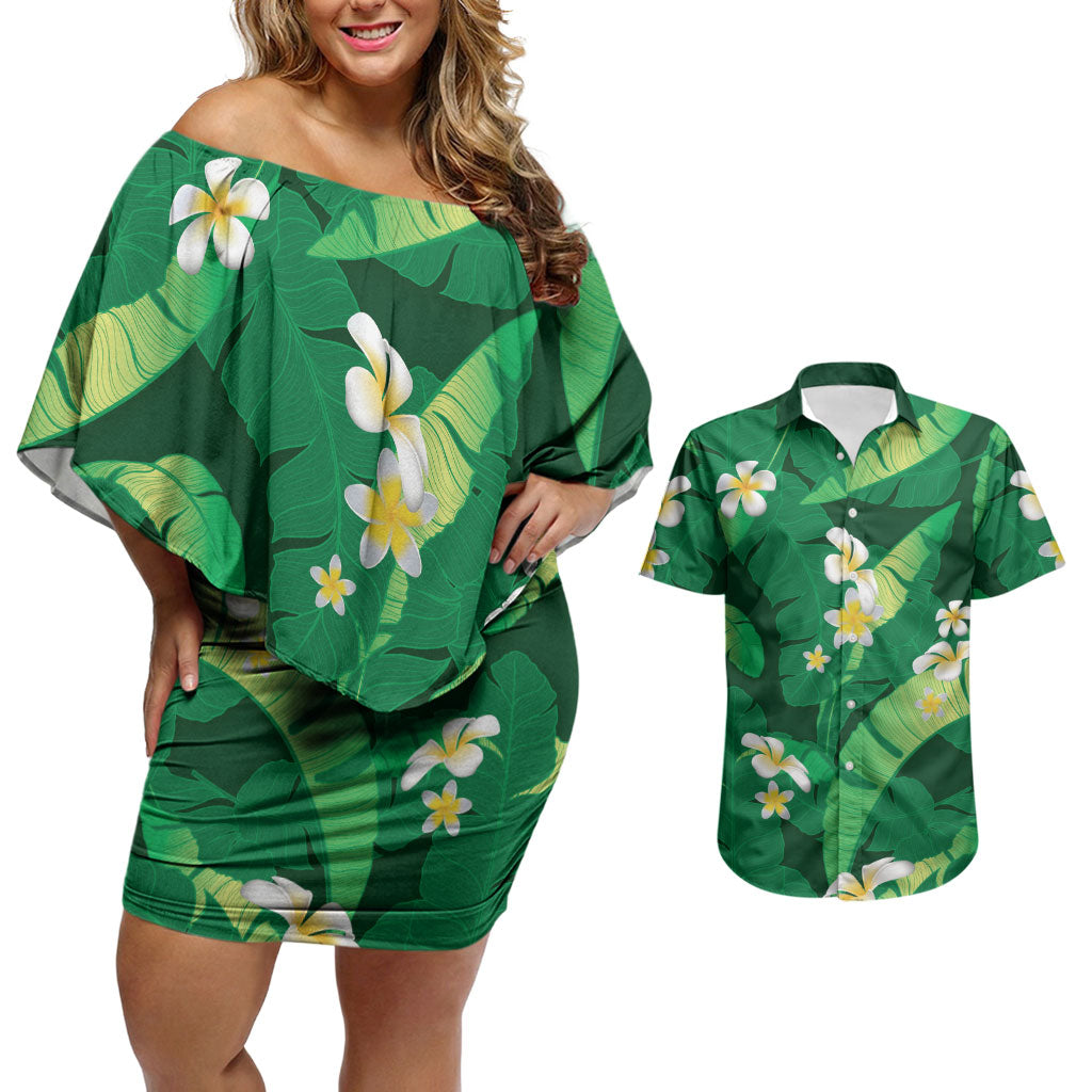 Green Banana Leaf Hawaii Couples Matching Off Shoulder Short Dress and Hawaiian Shirt Lau Maia Plumeria Tropical Summer Vibes