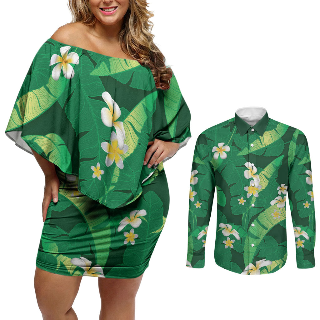 Green Banana Leaf Hawaii Couples Matching Off Shoulder Short Dress and Long Sleeve Button Shirt Lau Maia Plumeria Tropical Summer Vibes