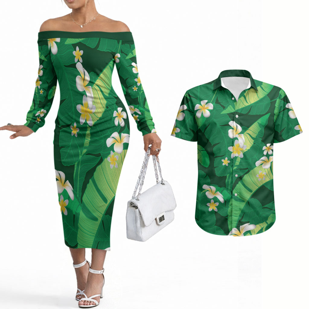 Green Banana Leaf Hawaii Couples Matching Off The Shoulder Long Sleeve Dress and Hawaiian Shirt Lau Maia Plumeria Tropical Summer Vibes LT14 Green - Polynesian Pride