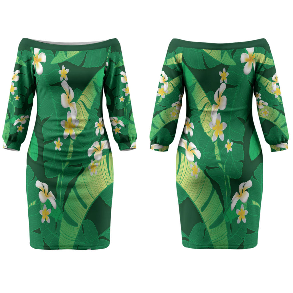 Green Banana Leaf Hawaii Couples Matching Off The Shoulder Long Sleeve Dress and Hawaiian Shirt Lau Maia Plumeria Tropical Summer Vibes LT14 - Polynesian Pride