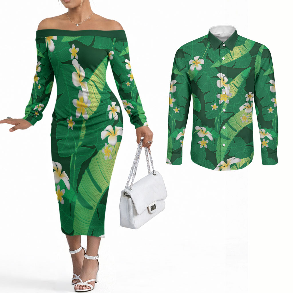 Green Banana Leaf Hawaii Couples Matching Off The Shoulder Long Sleeve Dress and Long Sleeve Button Shirt Lau Maia Plumeria Tropical Summer Vibes LT14 Green - Polynesian Pride