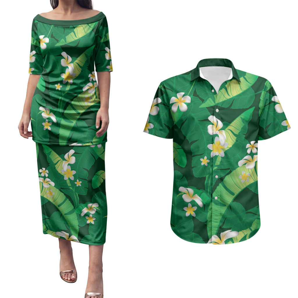 Green Banana Leaf Hawaii Couples Matching Puletasi and Hawaiian Shirt Lau Maia Plumeria Tropical Summer Vibes