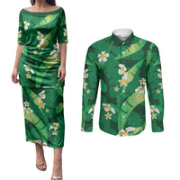 Green Banana Leaf Hawaii Couples Matching Puletasi and Long Sleeve Button Shirt Lau Maia Plumeria Tropical Summer Vibes