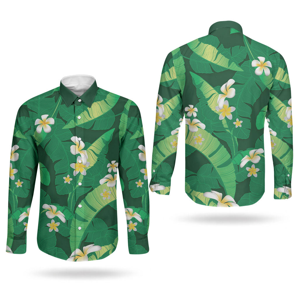 Green Banana Leaf Hawaii Couples Matching Puletasi and Long Sleeve Button Shirt Lau Maia Plumeria Tropical Summer Vibes
