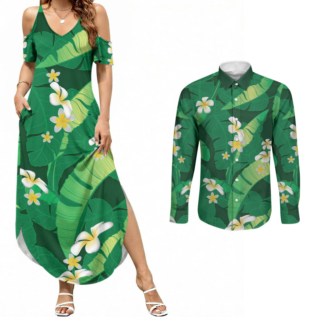 Green Banana Leaf Hawaii Couples Matching Summer Maxi Dress and Long Sleeve Button Shirt Lau Maia Plumeria Tropical Summer Vibes