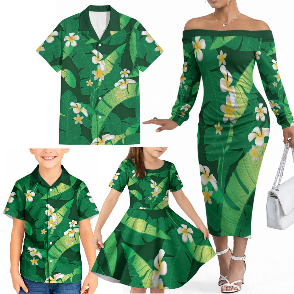 Green Banana Leaf Hawaii Family Matching Off The Shoulder Long Sleeve Dress and Hawaiian Shirt Lau Maia Plumeria Tropical Summer Vibes LT14 - Polynesian Pride