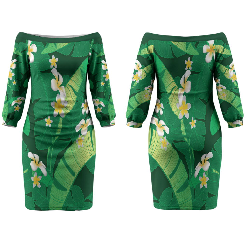 Green Banana Leaf Hawaii Family Matching Off The Shoulder Long Sleeve Dress and Hawaiian Shirt Lau Maia Plumeria Tropical Summer Vibes LT14 Mom's Dress Green - Polynesian Pride