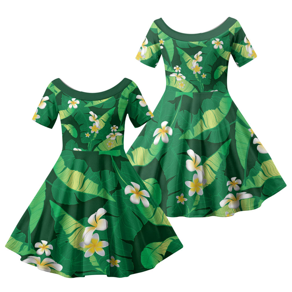 Green Banana Leaf Hawaii Family Matching Off Shoulder Maxi Dress and Hawaiian Shirt Lau Maia Plumeria Tropical Summer Vibes