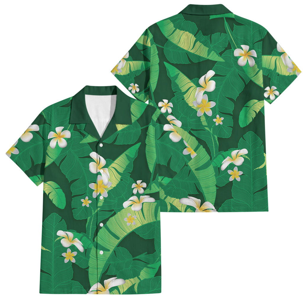 Green Banana Leaf Hawaii Family Matching Off Shoulder Short Dress and Hawaiian Shirt Lau Maia Plumeria Tropical Summer Vibes