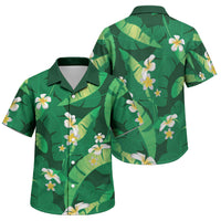 Green Banana Leaf Hawaii Family Matching Off Shoulder Short Dress and Hawaiian Shirt Lau Maia Plumeria Tropical Summer Vibes