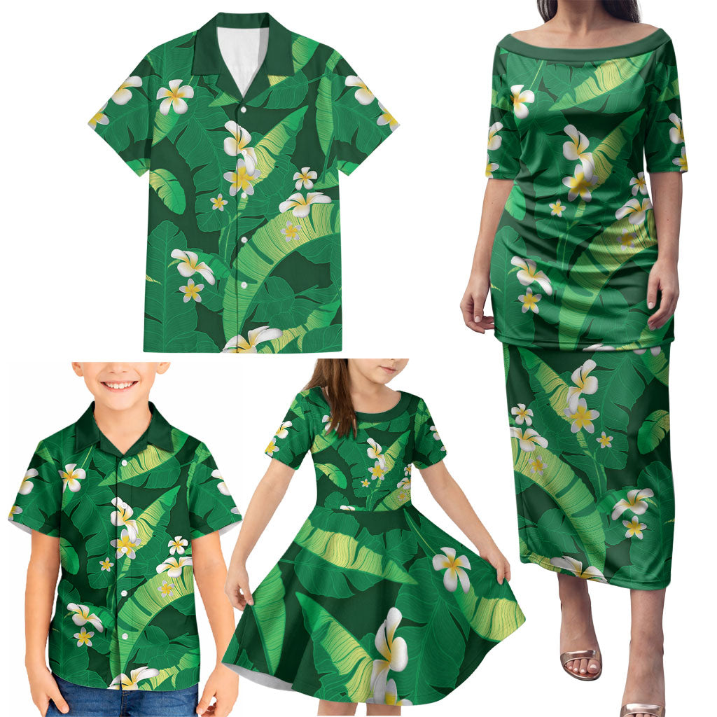 Green Banana Leaf Hawaii Family Matching Puletasi and Hawaiian Shirt Lau Maia Plumeria Tropical Summer Vibes
