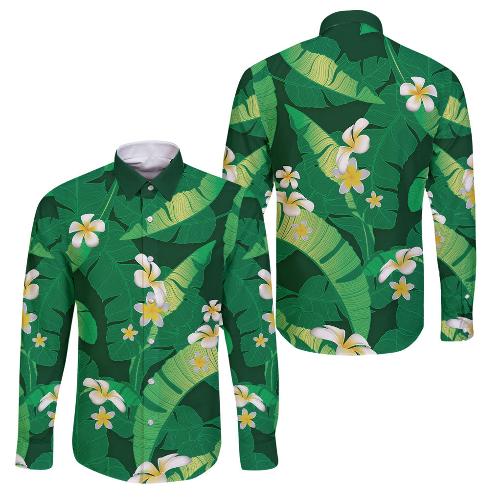 Green Banana Leaf Hawaii Family Matching Puletasi and Hawaiian Shirt Lau Maia Plumeria Tropical Summer Vibes