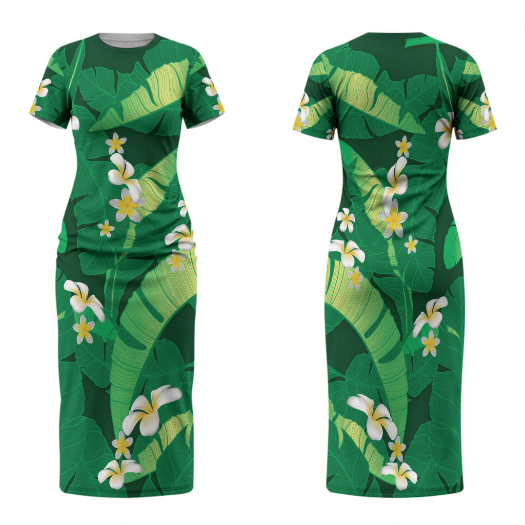 Green Banana Leaf Hawaii Family Matching Short Sleeve Bodycon Dress and Hawaiian Shirt Lau Maia Plumeria Tropical Summer Vibes LT14 Mom's Dress Green - Polynesian Pride