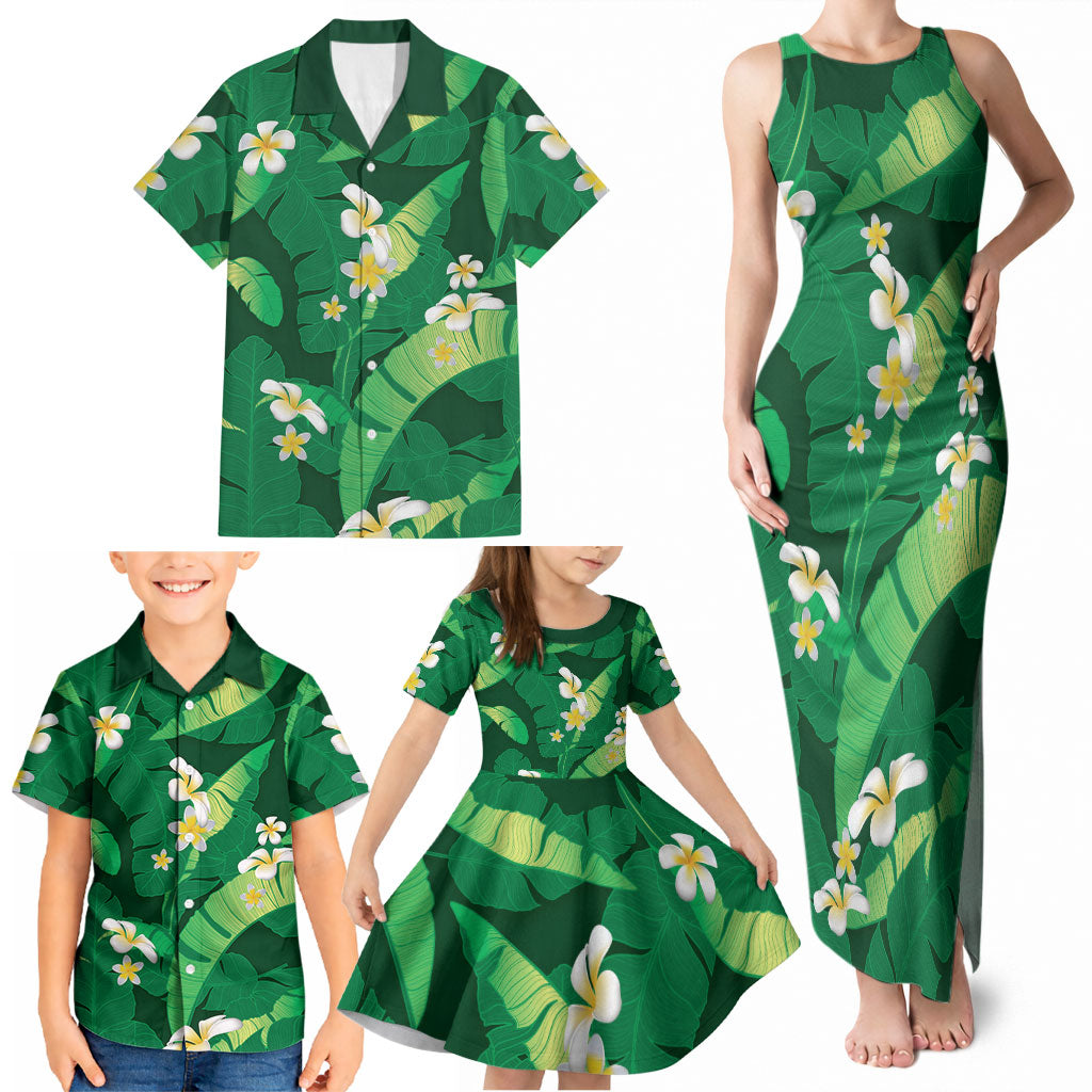 Green Banana Leaf Hawaii Family Matching Tank Maxi Dress and Hawaiian Shirt Lau Maia Plumeria Tropical Summer Vibes
