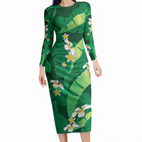 Green Banana Leaf Hawaii Long Sleeve Bodycon Dress Lau Maia Plumeria Tropical Summer Vibes