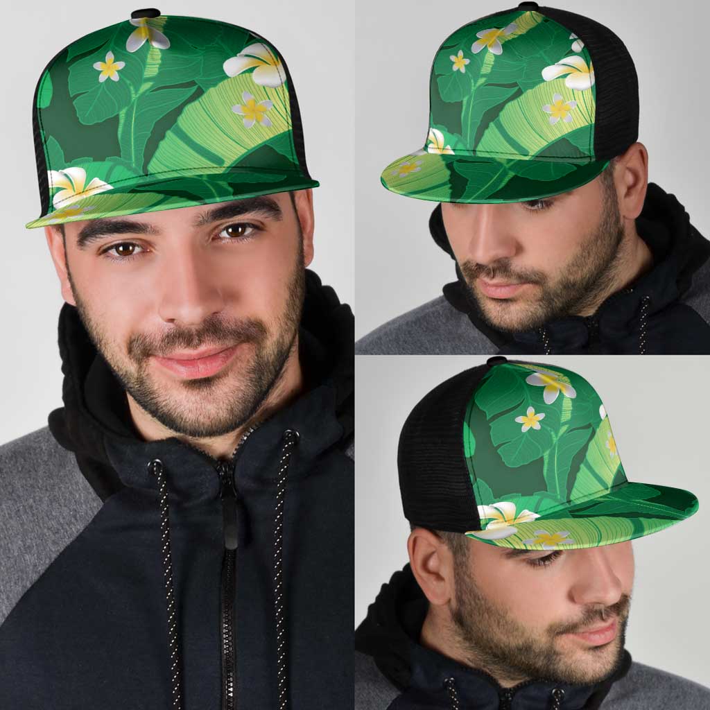 Green Banana Leaf Hawaii Mesh Trucker Cap Lau Maia Plumeria Tropical Summer Vibes