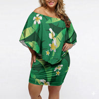 Green Banana Leaf Hawaii Off Shoulder Short Dress Lau Maia Plumeria Tropical Summer Vibes