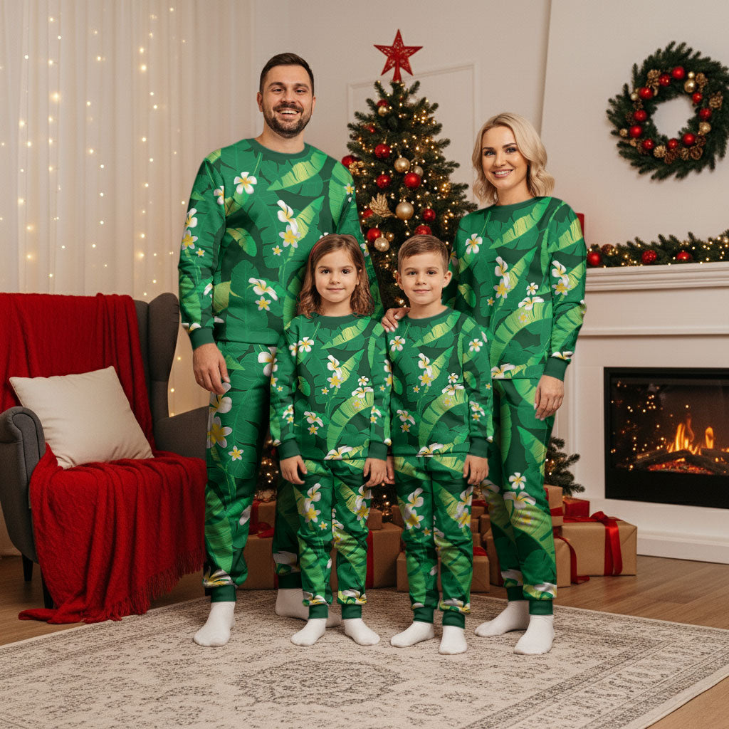 Green Banana Leaf Hawaii Christmas Pajama Set Lau Maia Plumeria Tropical Summer Vibes LT14 - Polynesian Pride