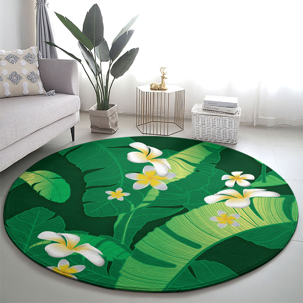 Green Banana Leaf Hawaii Round Carpet Lau Maia Plumeria Tropical Summer Vibes LT14 - Polynesian Pride
