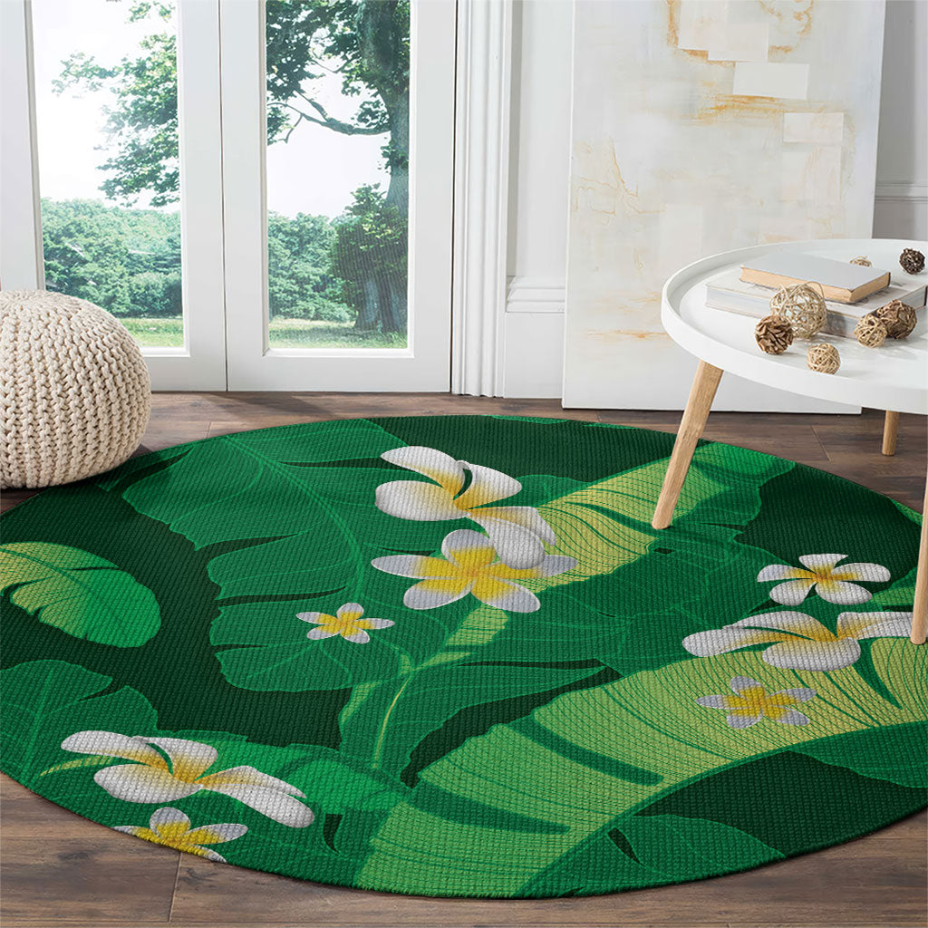 Green Banana Leaf Hawaii Round Carpet Lau Maia Plumeria Tropical Summer Vibes LT14 - Polynesian Pride