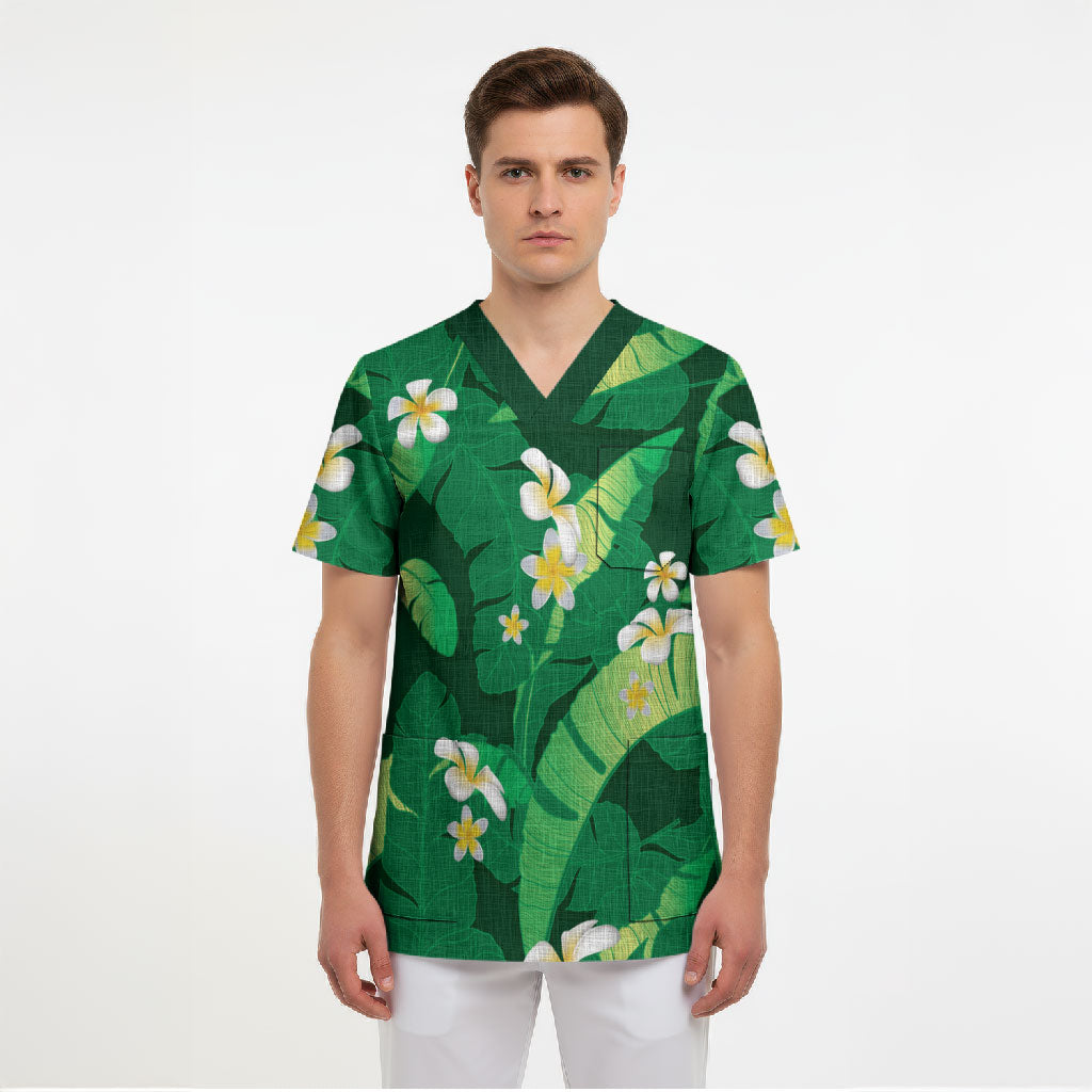Green Banana Leaf Hawaii Scrub Top Lau Maia Plumeria Tropical Summer Vibes