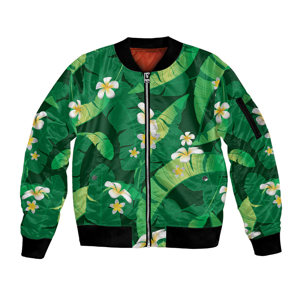 Green Banana Leaf Hawaii Sleeve Zip Bomber Jacket Lau Maia Plumeria Tropical Summer Vibes
