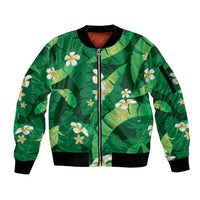 Green Banana Leaf Hawaii Sleeve Zip Bomber Jacket Lau Maia Plumeria Tropical Summer Vibes