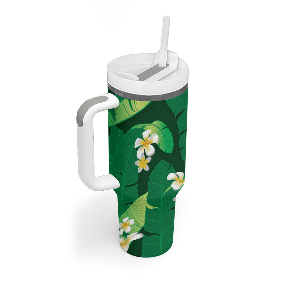 Green Banana Leaf Hawaii Tumbler With Handle Lau Maia Plumeria Tropical Summer Vibes
