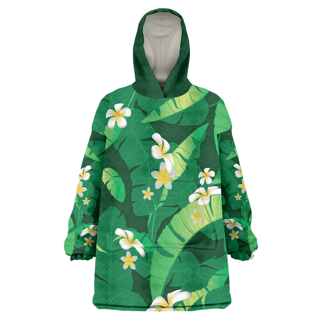 Green Banana Leaf Hawaii Wearable Blanket Hoodie Lau Maia Plumeria Tropical Summer Vibes