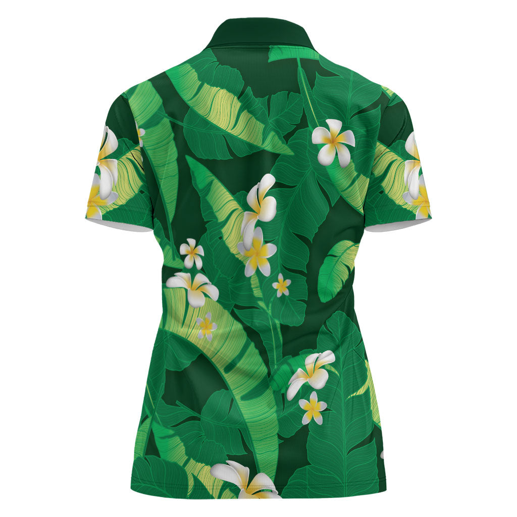 Green Banana Leaf Hawaii Women Polo Shirt Lau Maia Plumeria Tropical Summer Vibes