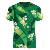 Green Banana Leaf Hawaii Women V-Neck T-Shirt Lau Maia Plumeria Tropical Summer Vibes