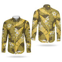 Yellow Banana Leaf Hawaii Couples Matching Long Sleeve Bodycon Dress and Long Sleeve Button Shirt Lau Maia Plumeria Tropical Summer Vibes