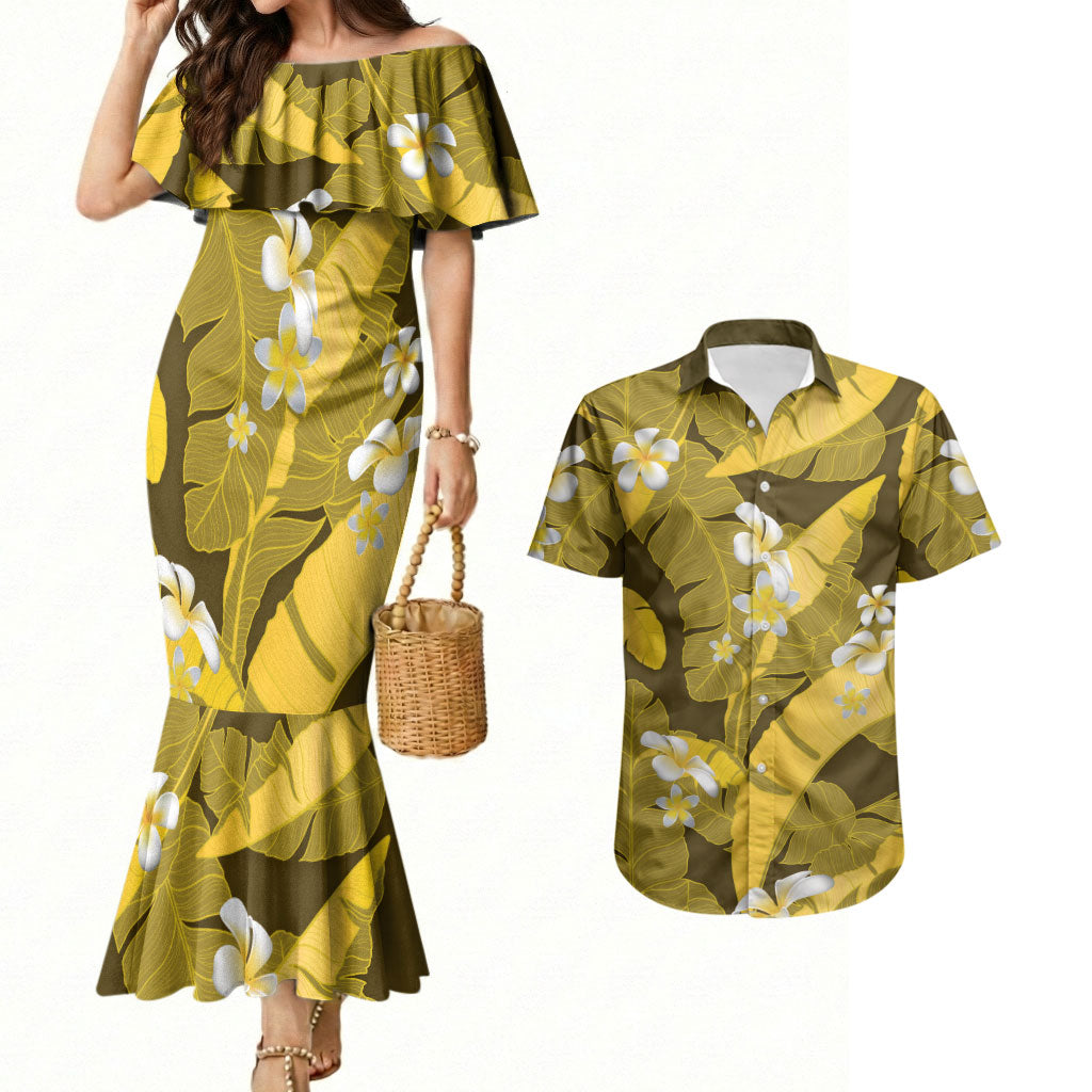 Yellow Banana Leaf Hawaii Couples Matching Mermaid Dress and Hawaiian Shirt Lau Maia Plumeria Tropical Summer Vibes LT14 Yellow - Polynesian Pride